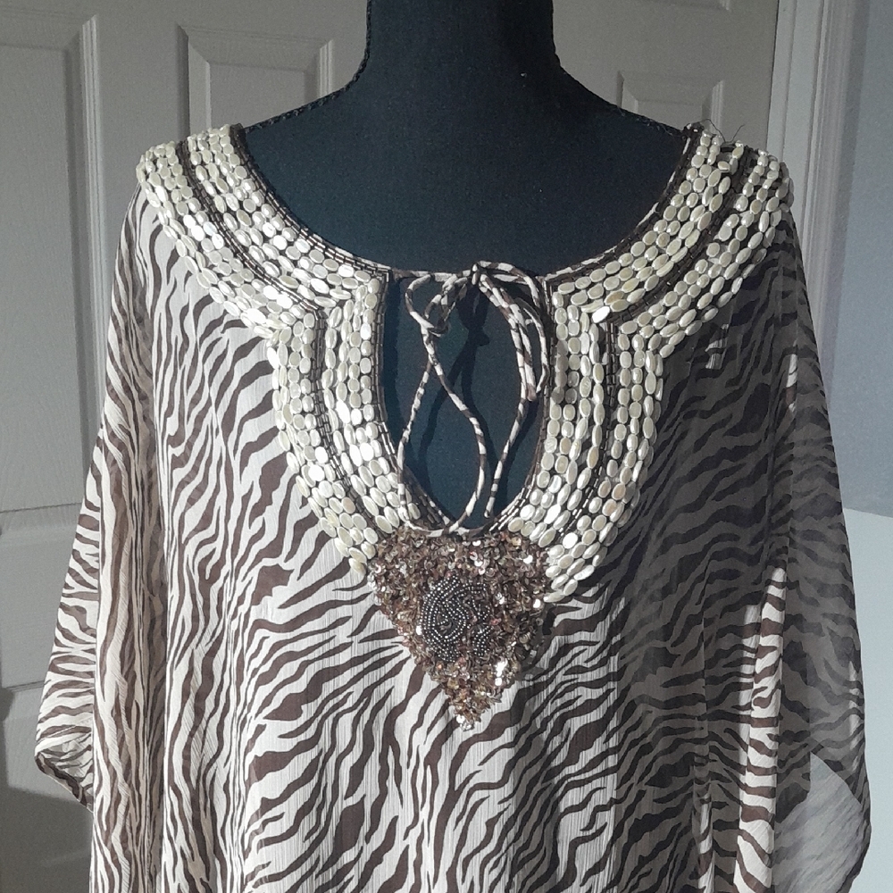Ashro Brown and Cream Zebra-Print Coverall with Beaded Neckline